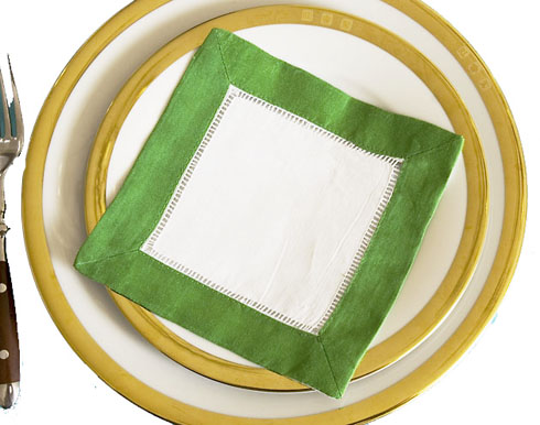 White Hemstitch Cocktail Napkin with Kelly Green border